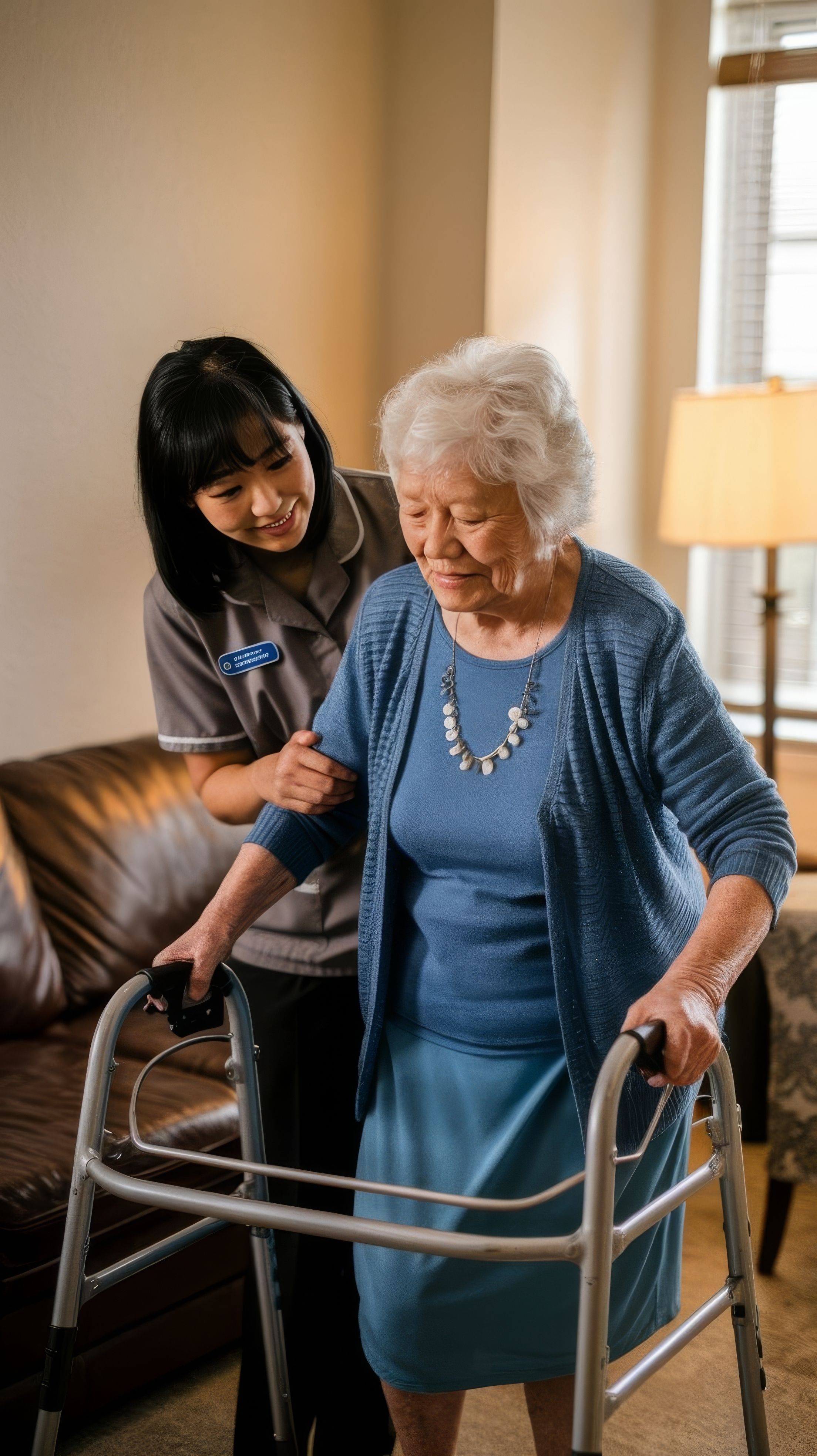 female asian nurse helping senior woman get up with walker home