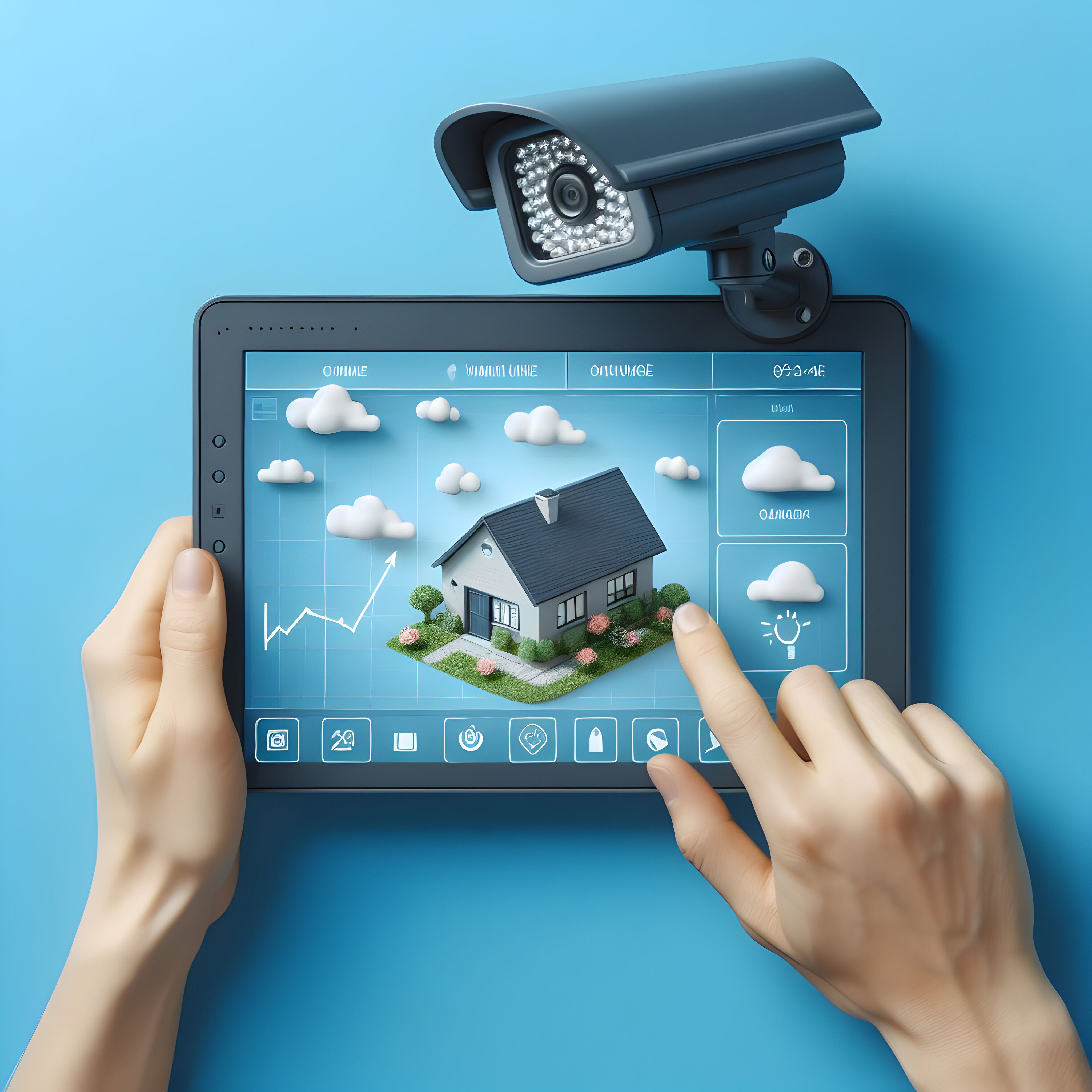 control panel displaying realtime footage from security cameras around property allowing homeo