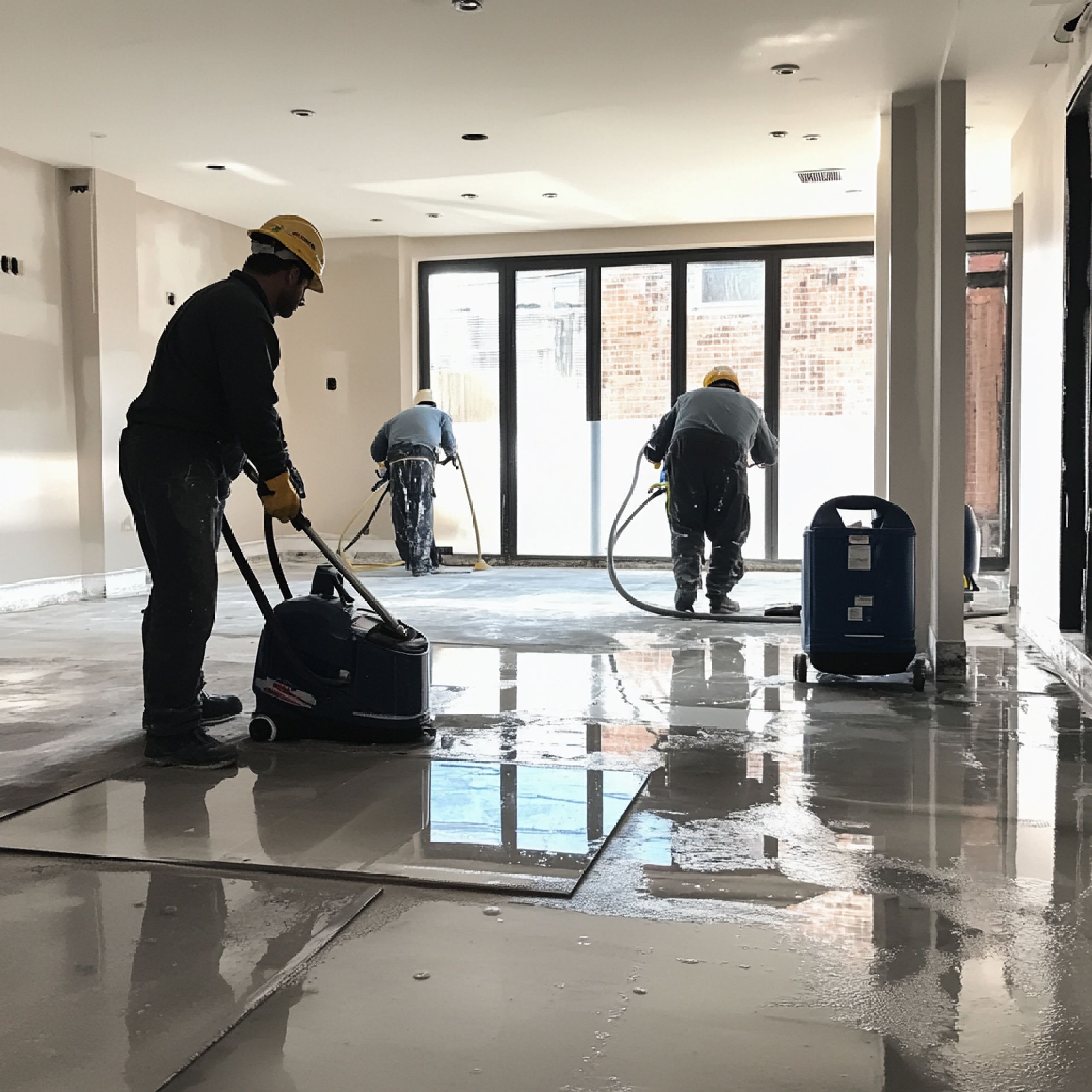 team cleaners working postrenovation cleanup with industrial vacuums cleaners